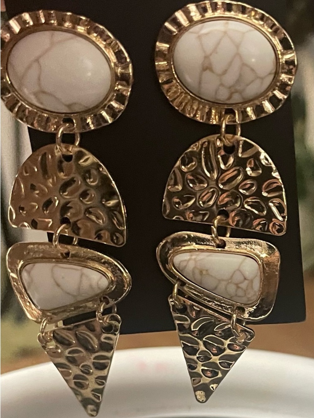 Gold and White Statement Dangle Earrings, New